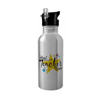 Teacher super star!!!, Water bottle Silver with straw, stainless steel 600ml