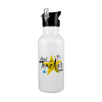 Teacher super star!!!, White water bottle with straw, stainless steel 600ml