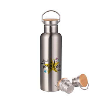 Teacher super star!!!, Stainless steel Silver with wooden lid (bamboo), double wall, 750ml