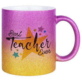 Teacher super star!!!, Κούπα Χρυσή/Ροζ Glitter, κεραμική, 330ml