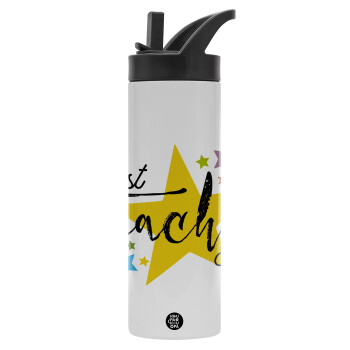 Teacher super star!!!, Metallic thermos bottle with straw & handle, stainless steel (Stainless steel 304), double-walled, 600ml.