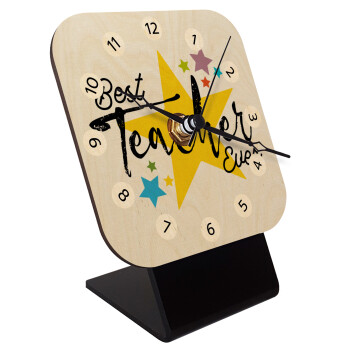 Teacher super star!!!, Επιτραπέζιο ρολόι σε φυσικό ξύλο (10cm)