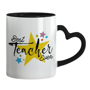 Teacher super star!!!, Κούπα καρδιά χερούλι μαύρη, κεραμική, 330ml