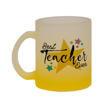 Teacher super star!!!, Κούπα γυάλινη δίχρωμη με βάση το κίτρινο ματ, 330ml