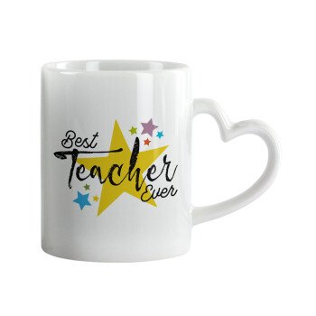 Teacher super star!!!, Κούπα καρδιά χερούλι λευκή, κεραμική, 330ml
