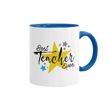 Teacher super star!!!, Κούπα χρωματιστή μπλε, κεραμική, 330ml