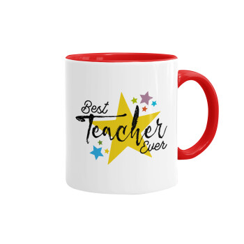 Teacher super star!!!, Κούπα χρωματιστή κόκκινη, κεραμική, 330ml