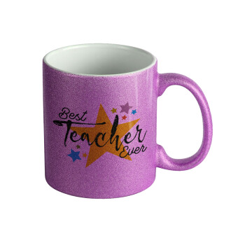 Teacher super star!!!, Κούπα Μωβ Glitter που γυαλίζει, κεραμική, 330ml