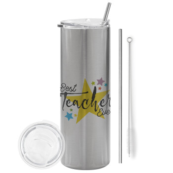 Teacher super star!!!, Eco friendly stainless steel Silver tumbler 600ml, with metal straw & cleaning brush