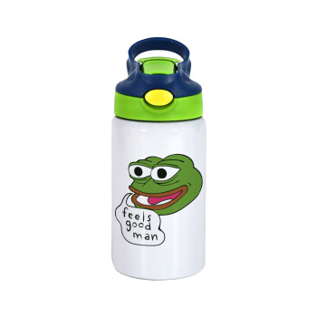 Pepe the frog, Children's hot water bottle, stainless steel, with safety straw, green, blue (350ml)