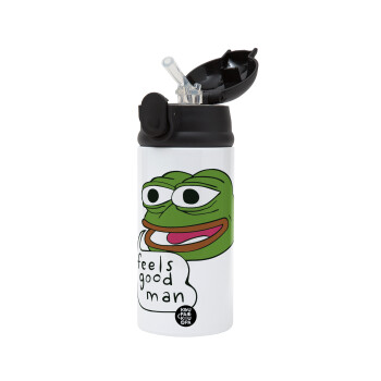 Pepe the frog, Children's hot water bottle, stainless steel, with safety straw, Black (360ml) BPA-FREE