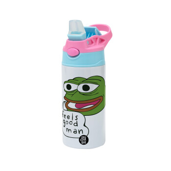 Pepe the frog, Παιδικό παγούρι θερμό, ανοξείδωτο, με καλαμάκι ασφαλείας, Ροζ/Σιελ (360ml) BPA FREE