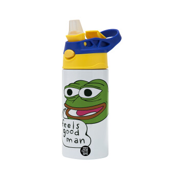 Pepe the frog, Children's hot water bottle, stainless steel, with safety straw, green, blue (360ml) BPA FREE