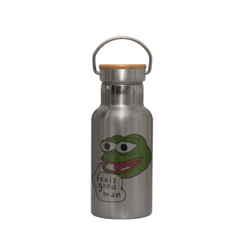 Pepe the frog, Stainless steel metallic thermos flask, silver with a bamboo lid, double-walled, 350ml.