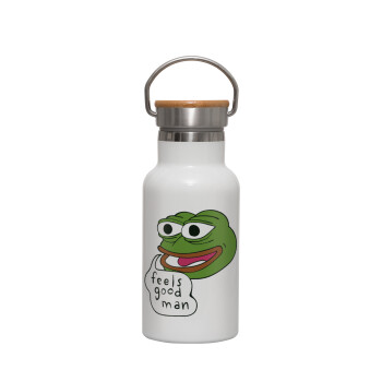 Pepe the frog, Μεταλλικό παγούρι θερμός (Stainless steel) Λευκό με ξύλινο καπακι (bamboo), διπλού τοιχώματος, 350ml