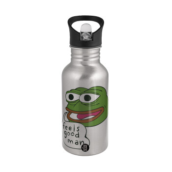Pepe the frog, Water bottle Silver with straw, stainless steel 500ml