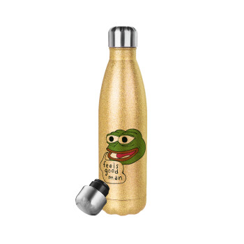 Pepe the frog, Μεταλλικό παγούρι θερμός Glitter χρυσό (Stainless steel), διπλού τοιχώματος, 500ml