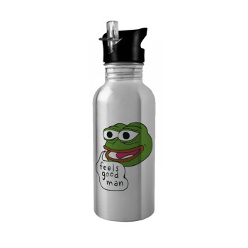 Pepe the frog, Water bottle Silver with straw, stainless steel 600ml