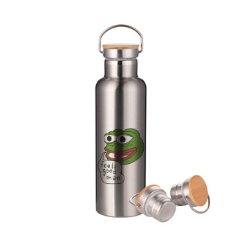 Pepe the frog, Μεταλλικό παγούρι θερμός (Stainless steel) Ασημένιο με ξύλινο καπακι (bamboo), διπλού τοιχώματος, 750ml