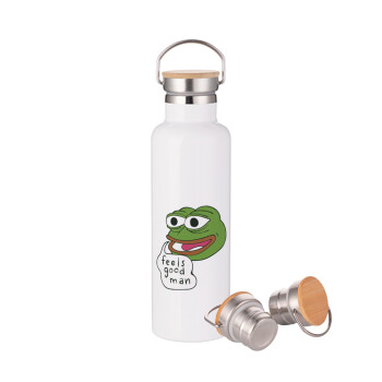 Pepe the frog, Stainless steel White with wooden lid (bamboo), double wall, 750ml