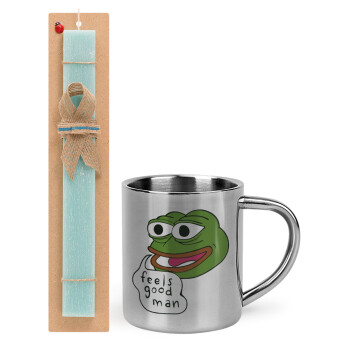 Pepe the frog, Easter Set, metallic thermal cup (300ml) & aromatic flat Easter candle (30cm) (TURQUOISE)