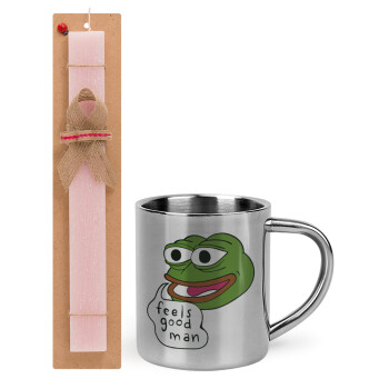 Pepe the frog, Πασχαλινό Σετ, μεταλλική κούπα θερμό (300ml) & πασχαλινή λαμπάδα αρωματική πλακέ (30cm) (ΡΟΖ)