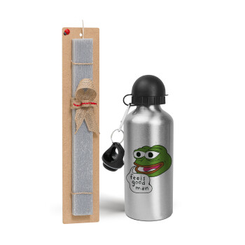 Pepe the frog, Easter Set, metallic silver aluminum water bottle (500ml) & aromatic flat Easter candle (30cm) (GRAY)