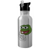 Water bottle Silver with straw, stainless steel 600ml