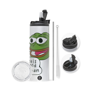 Pepe the frog, Travel Tumbler θερμό με διπλό καπάκι, μεταλλικό καλαμάκι και βούρτσα καθαρισμού (Ανωξείδωτο 304 Food grade, BPA free, 600ml)