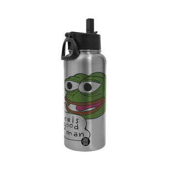 Pepe the frog, Μεταλλικό παγούρι θερμός Silver με καλαμάκι και χερούλι (Stainless steel), διπλού τοιχώματος, 950ml