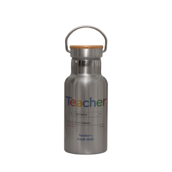 Searching for Best Teacher..., Stainless steel metallic thermos flask, silver with a bamboo lid, double-walled, 350ml.