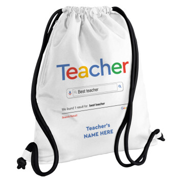 Searching for Best Teacher..., Backpack pouch GYMBAG white, with pocket (40x48cm) & thick cords