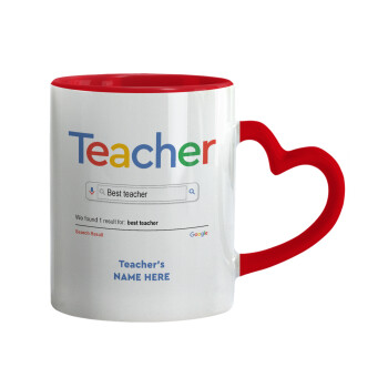 Searching for Best Teacher..., Κούπα καρδιά χερούλι κόκκινη, κεραμική, 330ml