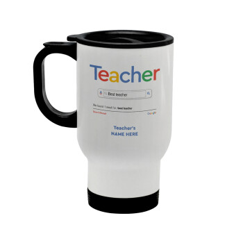 Searching for Best Teacher..., Stainless steel travel mug with lid, double wall white 450ml