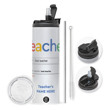 Searching for Best Teacher..., Travel Tumbler 2 Lids, with metal straw & cleaning brush (Stainless steel 304 Food grade, BPA free, 600ml)