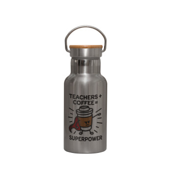 Teacher Coffee Super Power, Μεταλλικό παγούρι θερμός (Stainless steel) Ασημένιο με ξύλινο καπακι (bamboo), διπλού τοιχώματος, 350ml