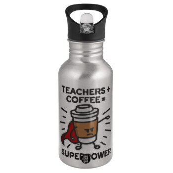 Teacher Coffee Super Power, Water bottle Silver with straw, stainless steel 500ml
