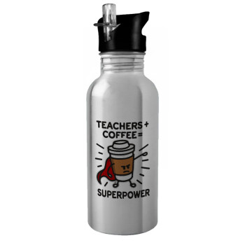 Teacher Coffee Super Power, Water bottle Silver with straw, stainless steel 600ml