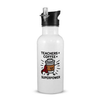 Teacher Coffee Super Power, White water bottle with straw, stainless steel 600ml
