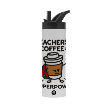 Teacher Coffee Super Power, Μεταλλικό παγούρι θερμός με καλαμάκι & χειρολαβή, ανοξείδωτο ατσάλι (Stainless steel 304), διπλού τοιχώματος, 600ml