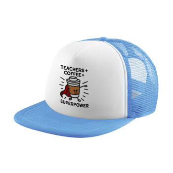 Teacher Coffee Super Power, Καπέλο παιδικό Soft Trucker με Δίχτυ ΓΑΛΑΖΙΟ/ΛΕΥΚΟ (POLYESTER, ΠΑΙΔΙΚΟ, ONE SIZE)