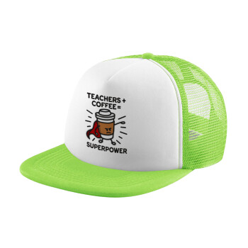 Teacher Coffee Super Power, Καπέλο παιδικό Soft Trucker με Δίχτυ ΠΡΑΣΙΝΟ/ΛΕΥΚΟ (POLYESTER, ΠΑΙΔΙΚΟ, ONE SIZE)