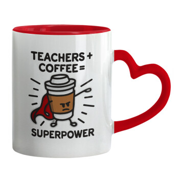 Teacher Coffee Super Power, Κούπα καρδιά χερούλι κόκκινη, κεραμική, 330ml
