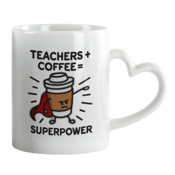 Teacher Coffee Super Power, Κούπα καρδιά χερούλι λευκή, κεραμική, 330ml