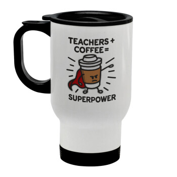 Teacher Coffee Super Power, Stainless steel travel mug with lid, double wall white 450ml