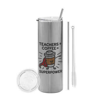 Teacher Coffee Super Power, Eco friendly ποτήρι θερμό Ασημένιο (tumbler) από ανοξείδωτο ατσάλι 600ml, με μεταλλικό καλαμάκι & βούρτσα καθαρισμού