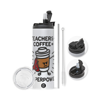 Teacher Coffee Super Power, Travel Tumbler θερμό με διπλό καπάκι, μεταλλικό καλαμάκι και βούρτσα καθαρισμού (Ανωξείδωτο 304 Food grade, BPA free, 600ml)