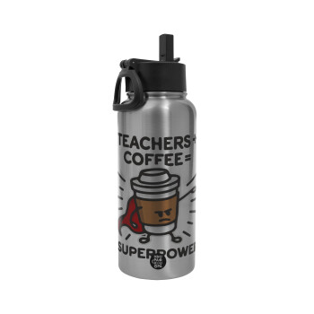 Teacher Coffee Super Power, Μεταλλικό παγούρι θερμός Silver με καλαμάκι και χερούλι (Stainless steel), διπλού τοιχώματος, 950ml