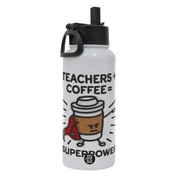 Teacher Coffee Super Power, Μεταλλικό παγούρι θερμός Λευκό με καλαμάκι και χερούλι (Stainless steel), διπλού τοιχώματος, 950ml