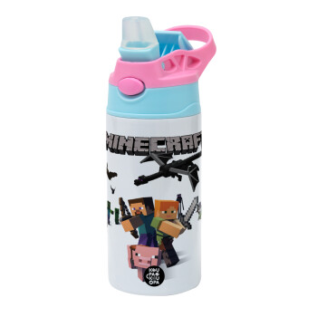 Minecraft Alex, Children's hot water bottle, stainless steel, with safety straw, Pink/BlueCiel (360ml) BPA FREE